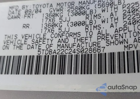 2004 Toyota Sienna Xle Limited z USA, uszkodzony, nr VIN 5TDBA22C24S028667